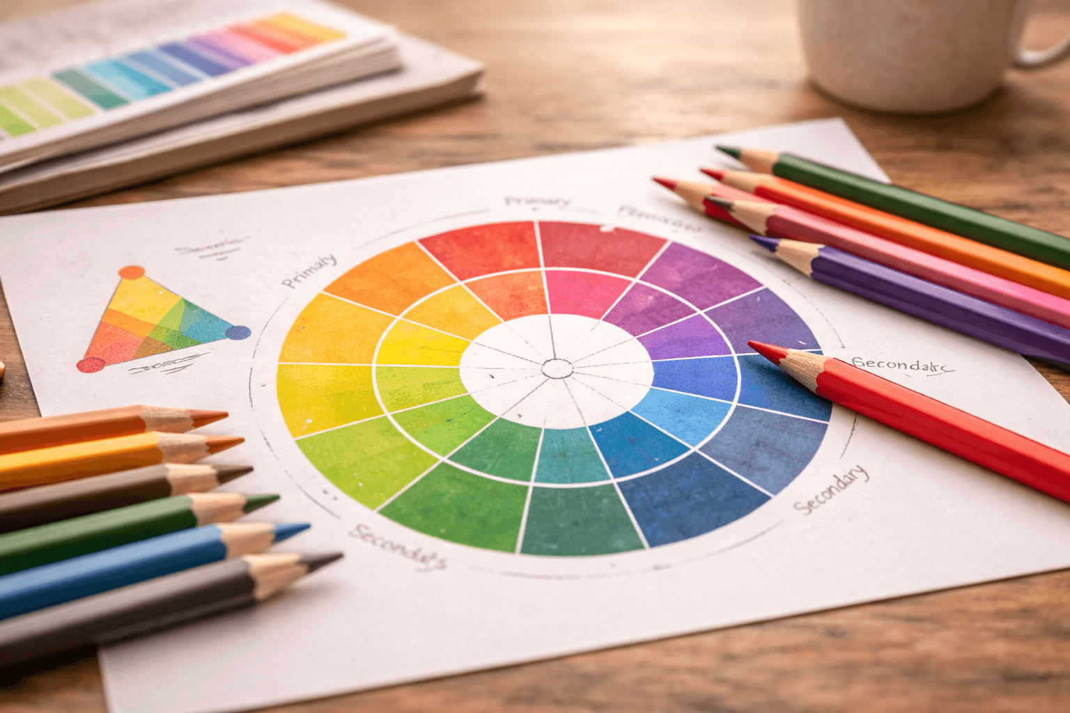 Color theory setup with color wheel and colored pencils