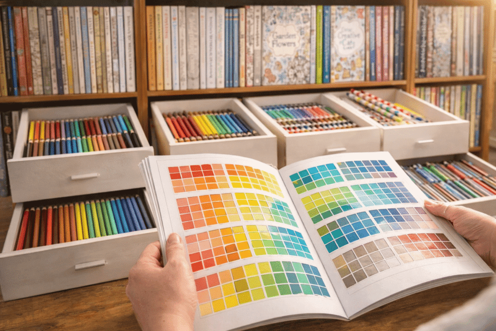 Wall of coloring books and supplies